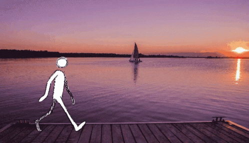 A Drawing Of A Stick Figure Walking On A Dock At Sunset GIF