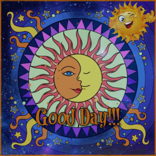 A Drawing Of A Sun And A Crescent Moon With The Words Good Day GIF