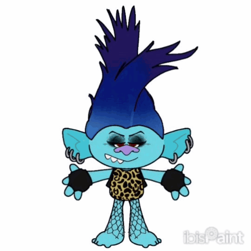 A Drawing Of A Troll With Blue Hair And A Leopard Print Shirt GIF