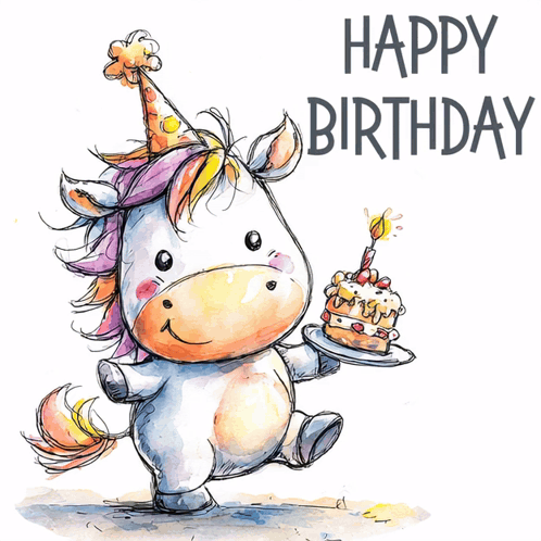 a drawing of a unicorn holding a birthday cake
