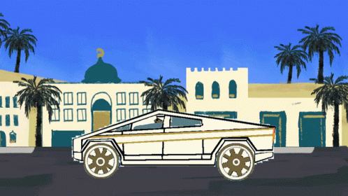 A Drawing Of A White Car In Front Of A Building GIF