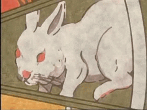 A Drawing Of A White Rabbit With Red Eyes Laying On A Table . GIF