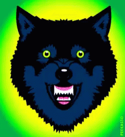 A Drawing Of A Wolf 'S Head With Green Eyes GIF