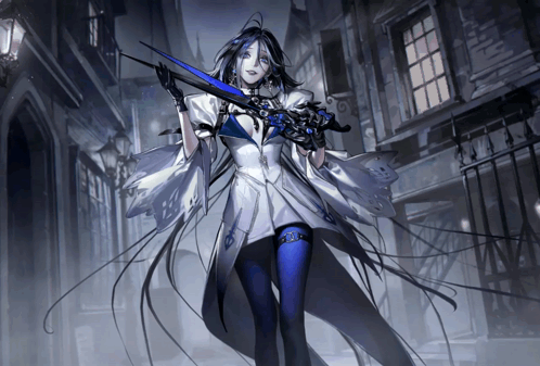 a drawing of a woman holding a sword with a blue blade