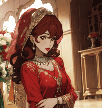 A Drawing Of A Woman In A Red Dress And Veil GIF