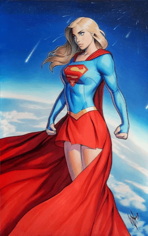 A Drawing Of A Woman In A Superman Costume With A Red Cape GIF