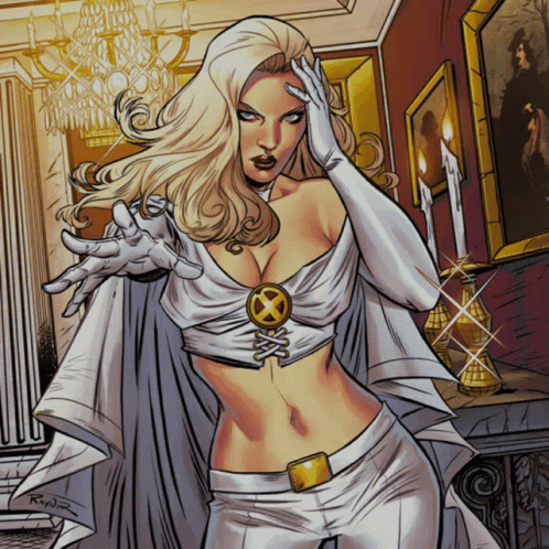 A Drawing Of A Woman In A White Cape With A Gold X On Her Chest GIF