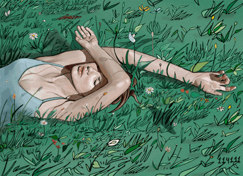 A Drawing Of A Woman Laying In The Grass With The Date 14441 On The Bottom GIF