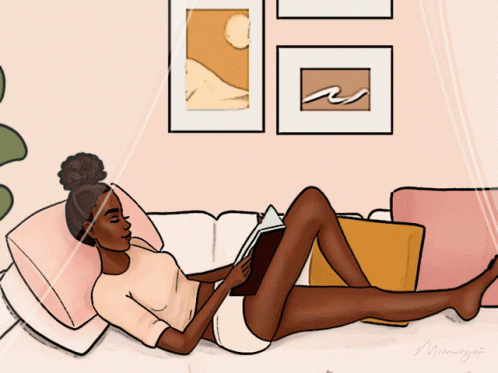A Drawing Of A Woman Laying On A Bed Reading GIF