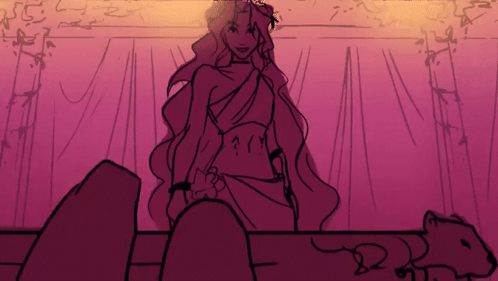 a drawing of a woman sitting on a rock with a lion behind her