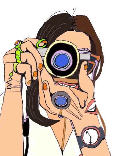 a drawing of a woman taking a picture with the word dax written on her wrist