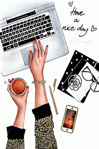 A Drawing Of A Woman Using A Laptop With The Words " Have A Nice Day " Below Her GIF
