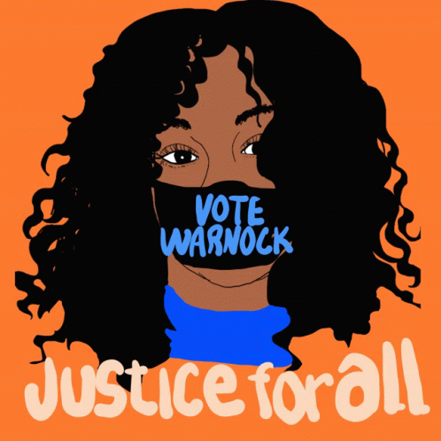 A Drawing Of A Woman Wearing A Black Mask That Says Vote Warnock On It GIF