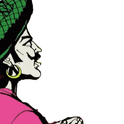 a drawing of a woman wearing a green hat and gold hoop earrings