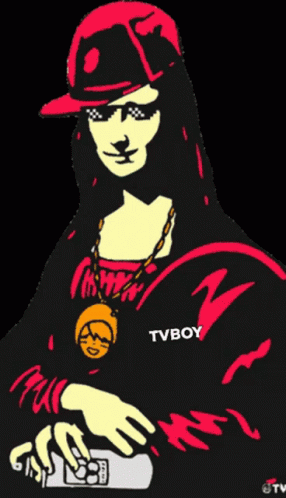 A Drawing Of A Woman Wearing A Purple Hat And Sunglasses With Tvboy Written On Her Sleeve GIF