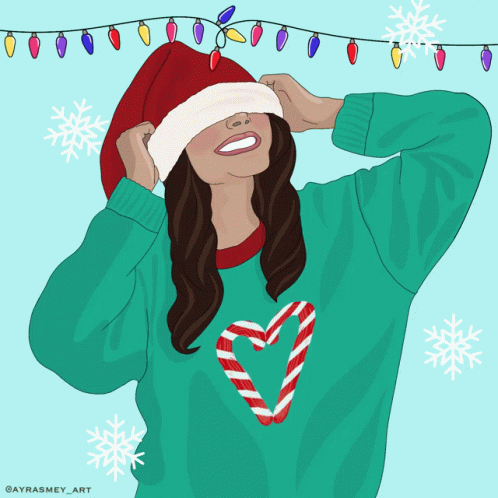 A Drawing Of A Woman Wearing A Santa Hat And A Candy Cane Heart GIF