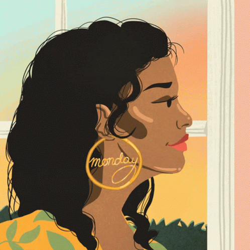 a drawing of a woman wearing earrings that say monday
