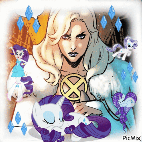 A Drawing Of A Woman With A X On Her Chest Is Surrounded By Ponies GIF