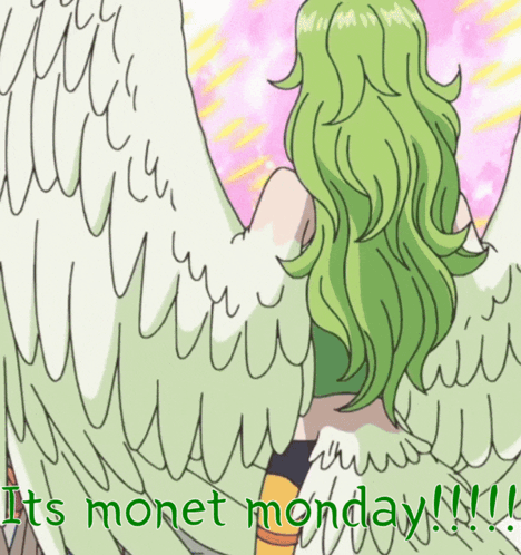 A Drawing Of A Woman With Green Hair And The Words " It 'S Monet Monday " GIF