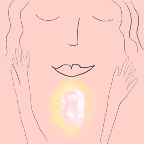 a drawing of a woman with her eyes closed and a crystal in front of her