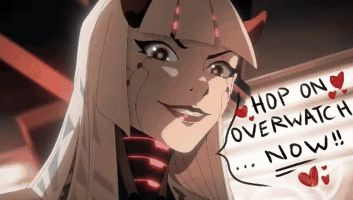 A Drawing Of A Woman With Horns And A Sign That Says Hop On Overwatch Now GIF