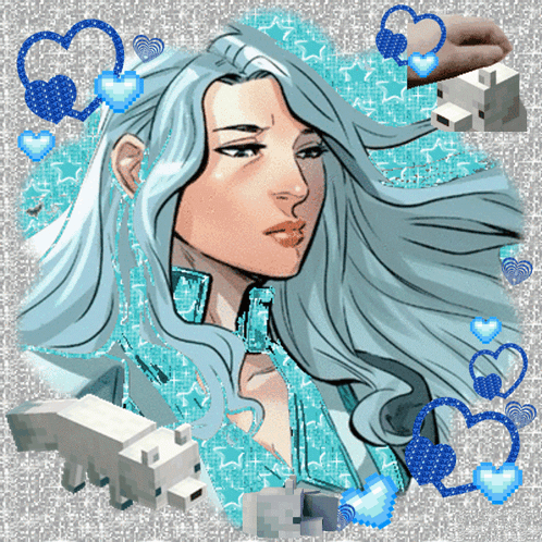 A Drawing Of A Woman With Long Blue Hair And Hearts Around Her GIF
