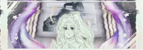 A Drawing Of A Woman With Long Hair Is Surrounded By Purple Swirls GIF