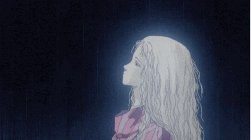 A Drawing Of A Woman With Long White Hair In The Dark GIF
