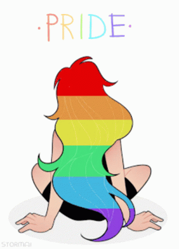 A Drawing Of A Woman With Rainbow Hair And The Word Pride Above Her GIF