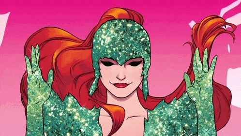 A Drawing Of A Woman With Red Hair And A Green Costume GIF