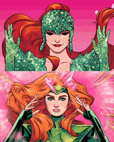 A Drawing Of A Woman With Red Hair And A Green Outfit GIF