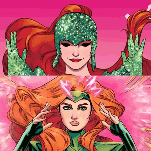 A Drawing Of A Woman With Red Hair And Green Gloves GIF