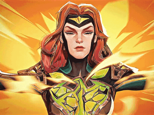A Drawing Of A Woman With Red Hair Wearing A Green And Brown Armor GIF