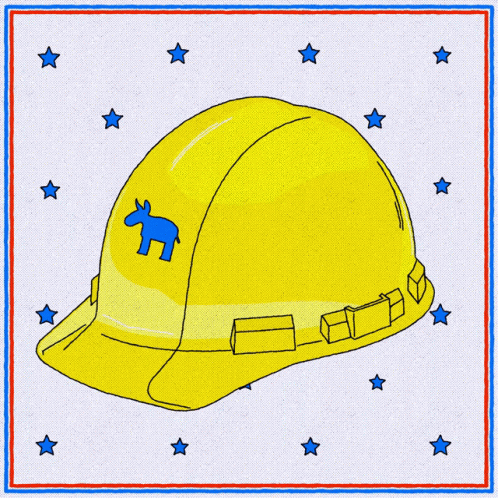 A Drawing Of A Yellow Hard Hat With A Blue Donkey On The Front GIF