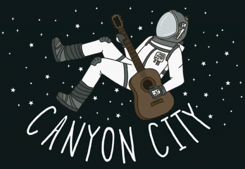 A Drawing Of An Astronaut Holding A Guitar With The Words Canyon City Below GIF