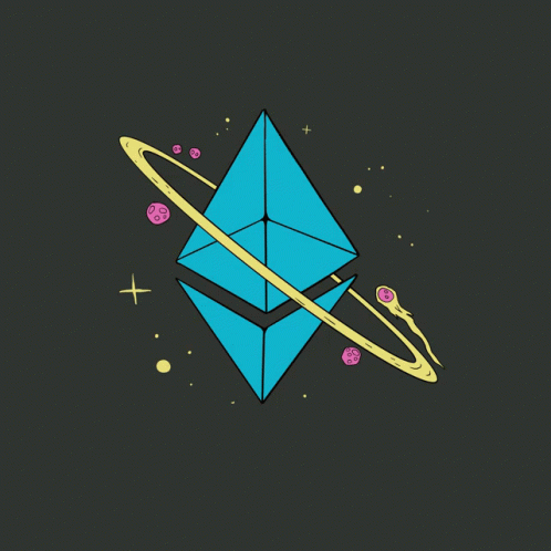 A Drawing Of An Ethereum Surrounded By Planets On A Black Background GIF