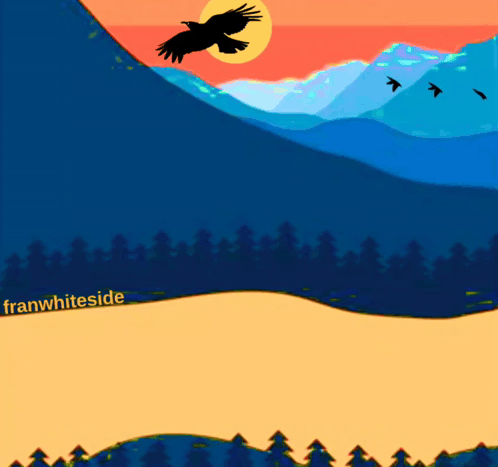 A Drawing Of Birds Flying Over Mountains With Franwhiteside Written On The Bottom Right GIF