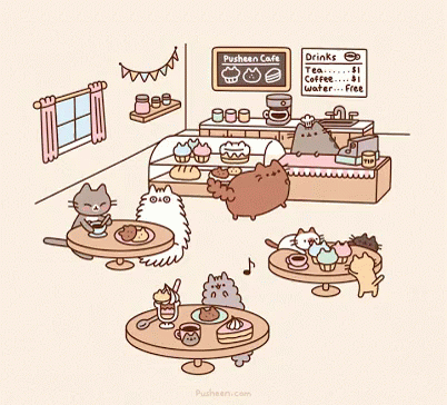 A Drawing Of Cats Sitting At Tables In A Cafe With A Sign That Says Pusheen Cafe GIF