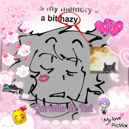 A Drawing Of Garcello De Rui With A Cat And Hearts GIF