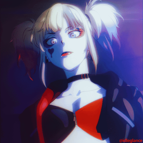 A Drawing Of Harley Quinn With The Name Idleglance Underneath It GIF