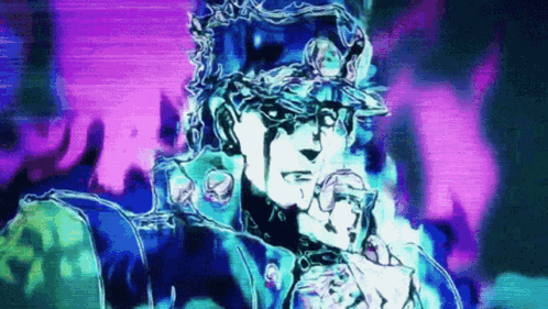 A Drawing Of Jotaro Kujo From Jojo 'S Bizarre Adventure Standing In Front Of A Purple Background . GIF