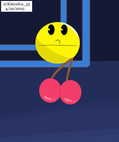 A Drawing Of Pac Man With Two Cherries In His Mouth Dated 4/29/2023 GIF