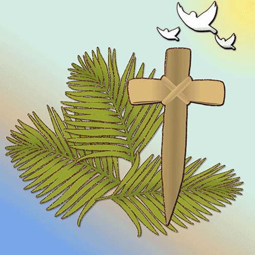 A Drawing Of Palm Leaves And A Cross With Birds Flying In The Background GIF
