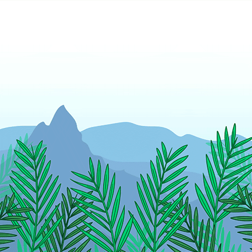 A Drawing Of Palm Leaves And Mountains With A White Background GIF