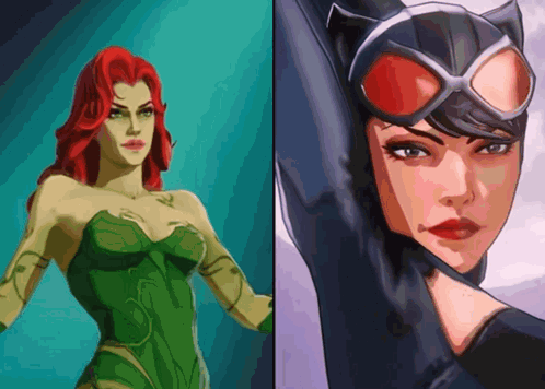 A Drawing Of Poison Ivy And Catwoman Are Side By Side GIF
