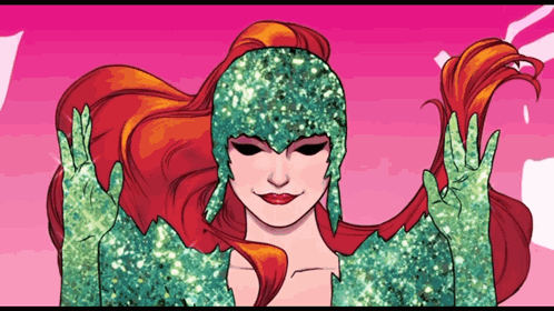 A Drawing Of Poison Ivy With Red Hair And Green Leaves GIF