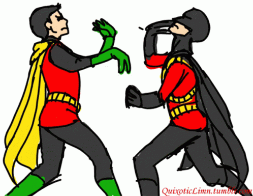 A Drawing Of Robin And Batman With The Website Quixoticlimn.tumblr.com In The Bottom Right Corner GIF