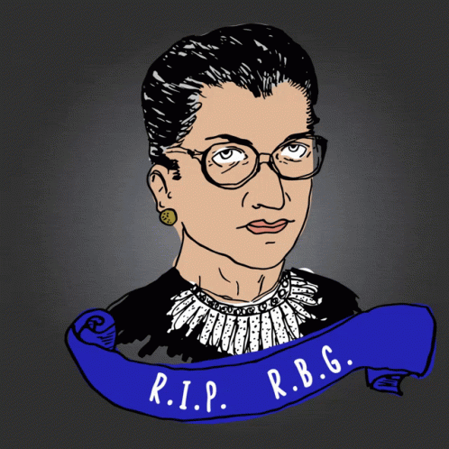 A Drawing Of Ruth Bader Ginsburg With A Blue Banner That Says " Rip R.b.g. " GIF