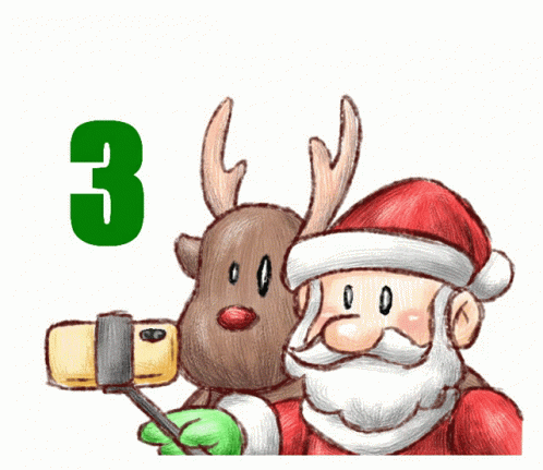 A Drawing Of Santa Taking A Selfie With A Reindeer And The Words Merry Christmas Behind Them GIF