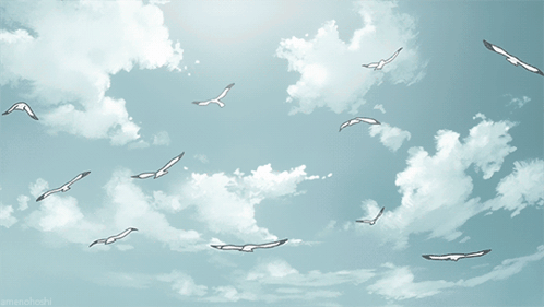 A Drawing Of Seagulls Flying In A Cloudy Blue Sky With The Watermark @Emmahook2 GIF